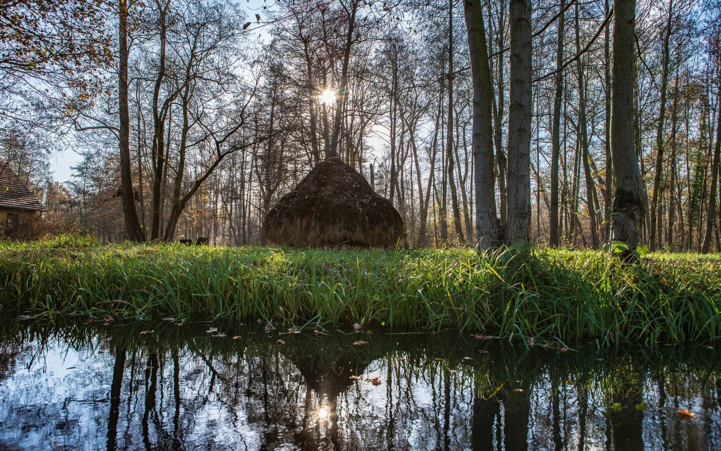 Heuschober im Herbst inm Spreewald,Kanutour im Herbst in Lübbenau, Foto: TMB Fotoarchiv/Steffen Lehmann
